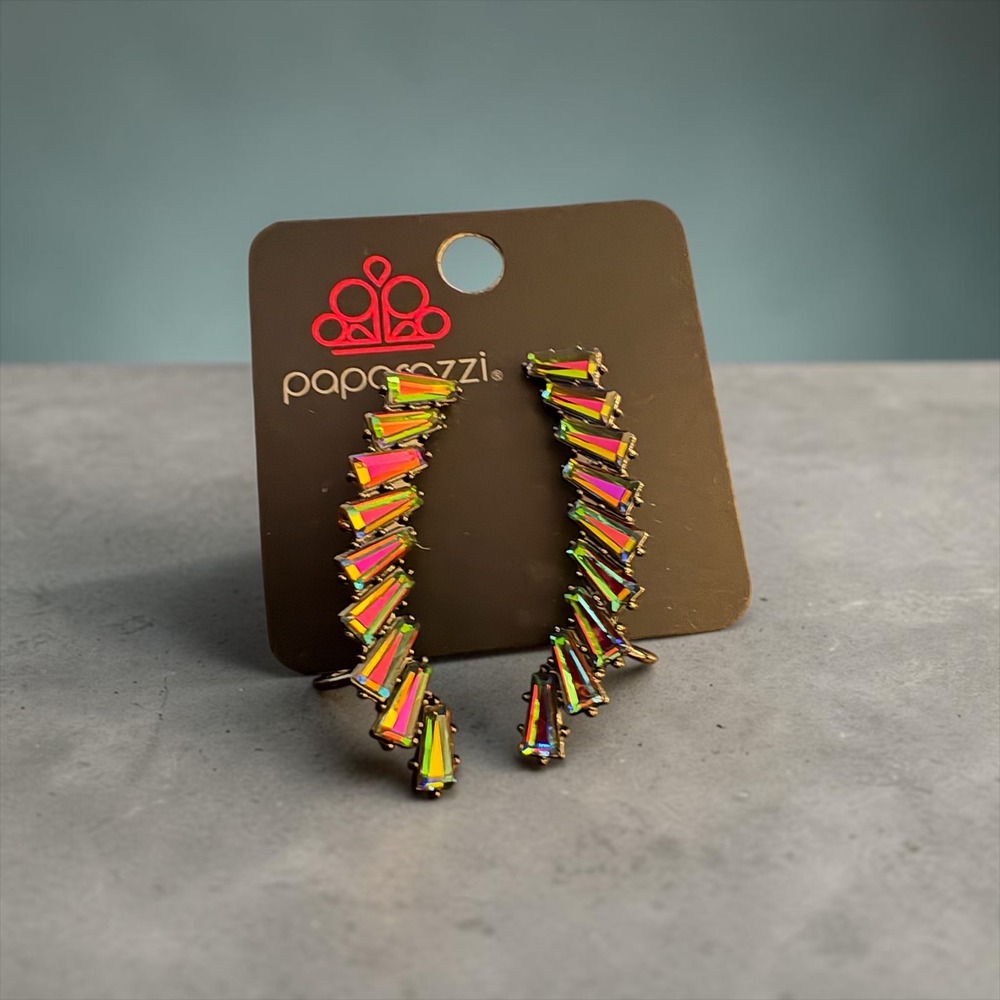 Paparazzi Multi Color Oil Spill Baguette Rhinestone Gunmetal Ear Crawlers